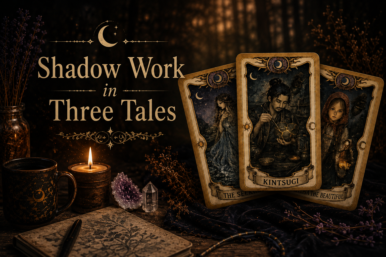 A dark, mystical scene featuring tarot cards, a lit candle, crystals, a pen, and a notebook on a wooden surface, with a background of purple flowers and a jar. The tarot cards display artistic illustrations titled 'The Seeker', 'Kintsugi', and 'Luna the Beautiful'.