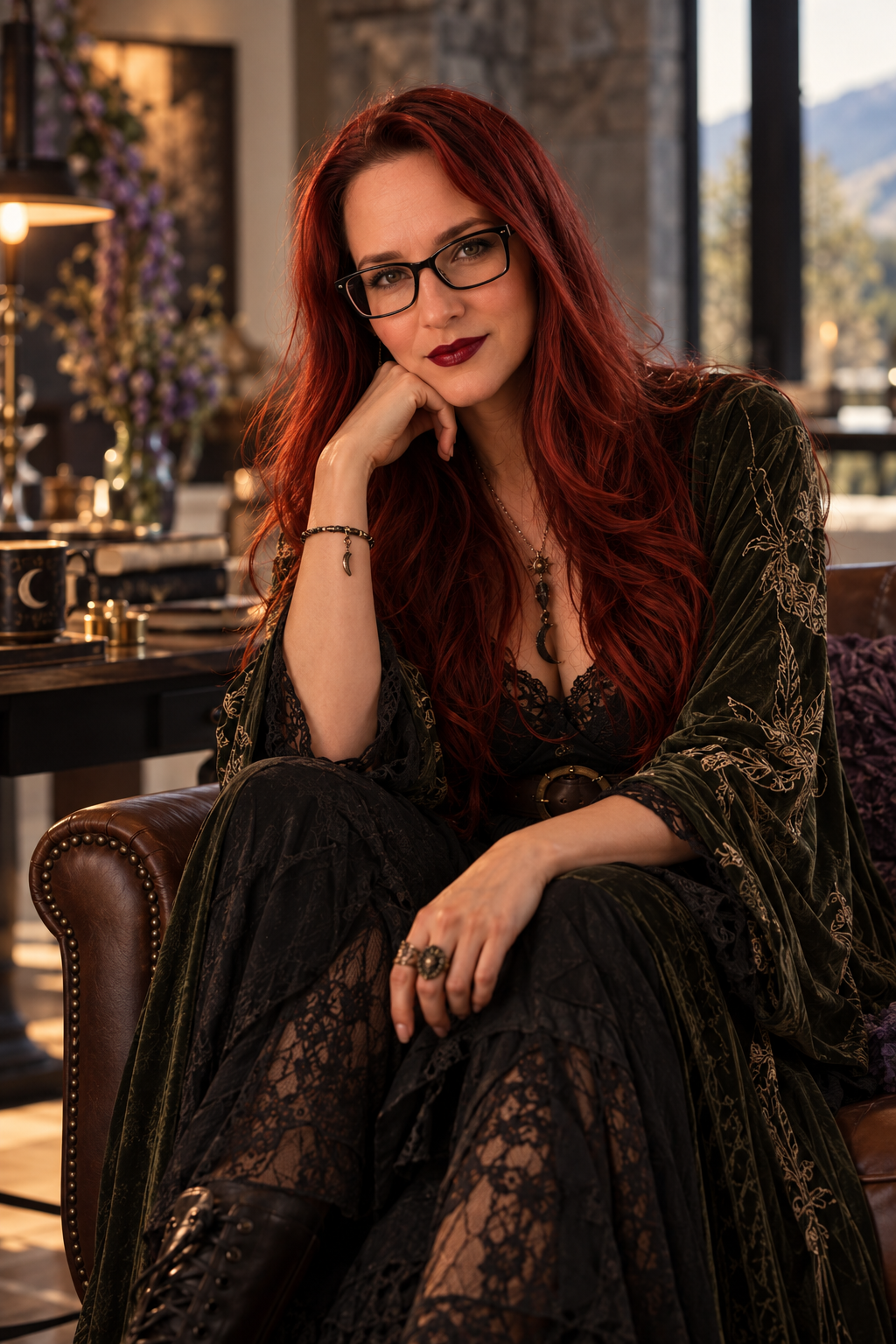 A woman with long red hair and glasses sitting on a leather armchair in a cozy, well-decorated room with large windows and a mountain view in the background.