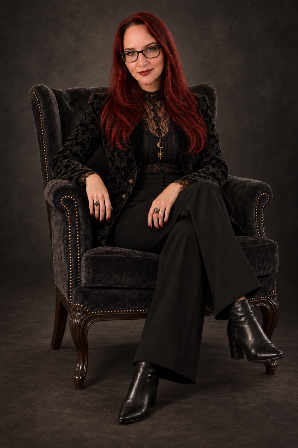 A woman with red hair, glasses, and dark makeup sitting in a black velvet armchair, wearing a black lace top, a black blazer with gold accents, black wide-leg pants, and black boots, with gothic jewelry including crescent moon and star pendants.