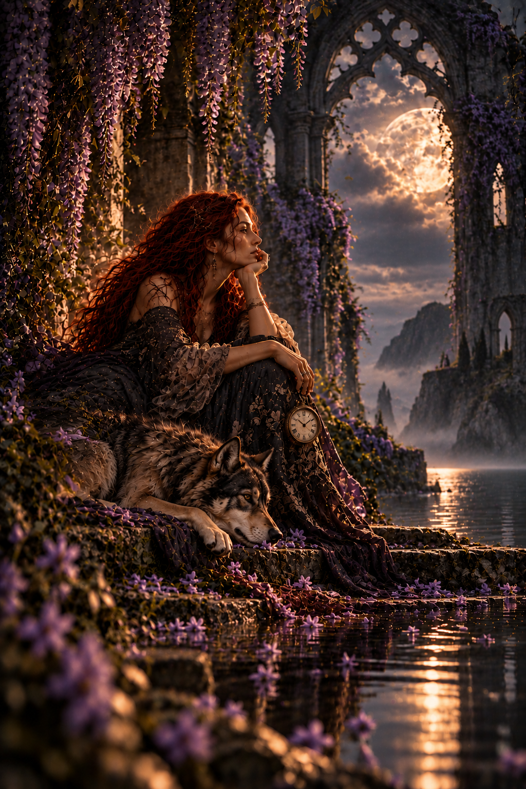 A woman with long, curly red hair sits contemplatively by a lavender-colored flower-covered ledge near water, holding a pocket watch. A Siberian Husky rests beside her. The background features ancient stone ruins draped with flowering vines, a dramatic sky with full moon and clouds, and mountains in the distance.