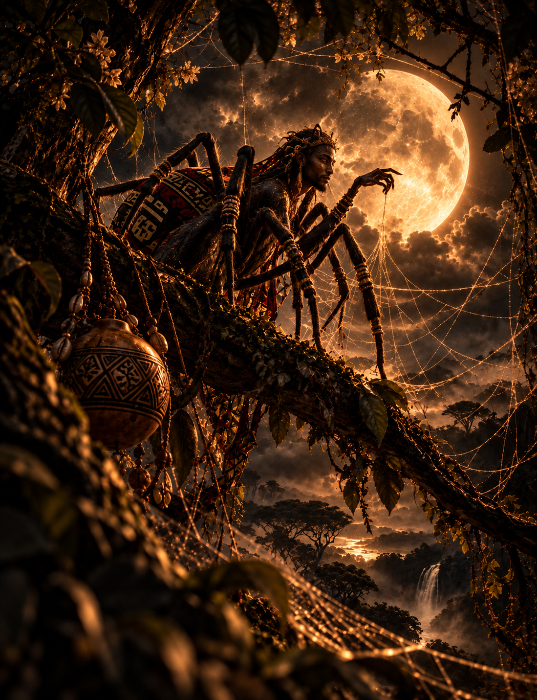 A fantastical scene of a humanoid spider creature with a human face, multiple spider legs, and tribal clothing, perched on a tree branch at night with a glowing full moon in the background. The scene is illuminated by warm, orange-toned lighting with spider webs draped across the tree.