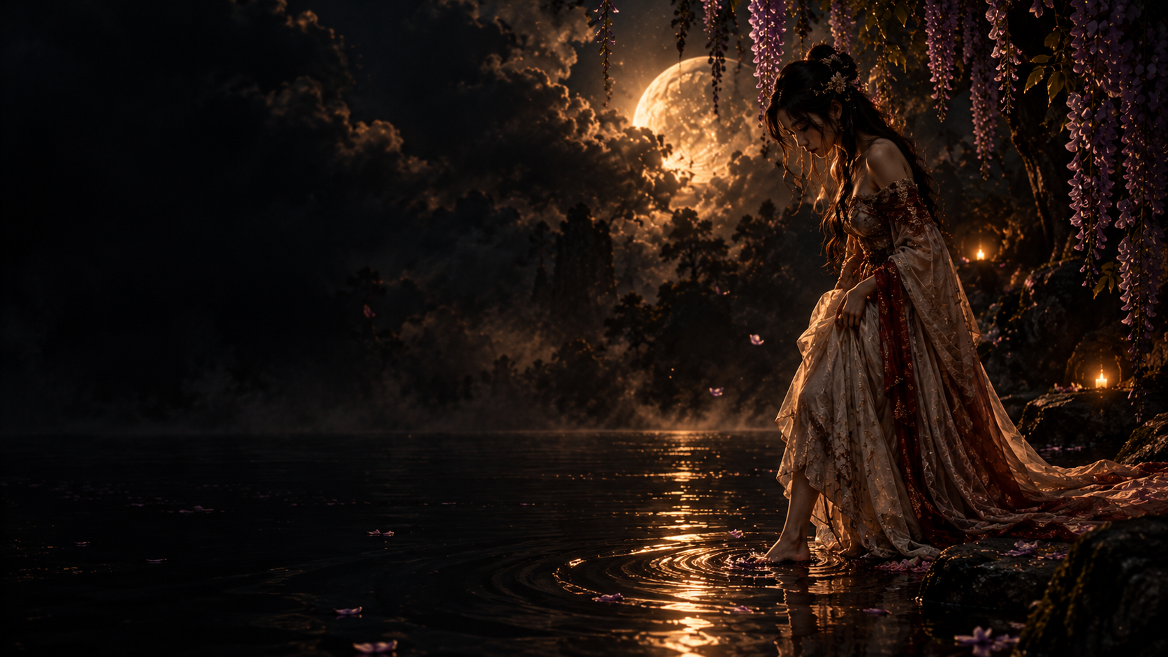 A woman in a detailed, flowing gown is sitting by a body of water at night, with a large moon and cloudy sky in the background. There are hanging purple flowers, small lit candles, and scattered petals in the scene.