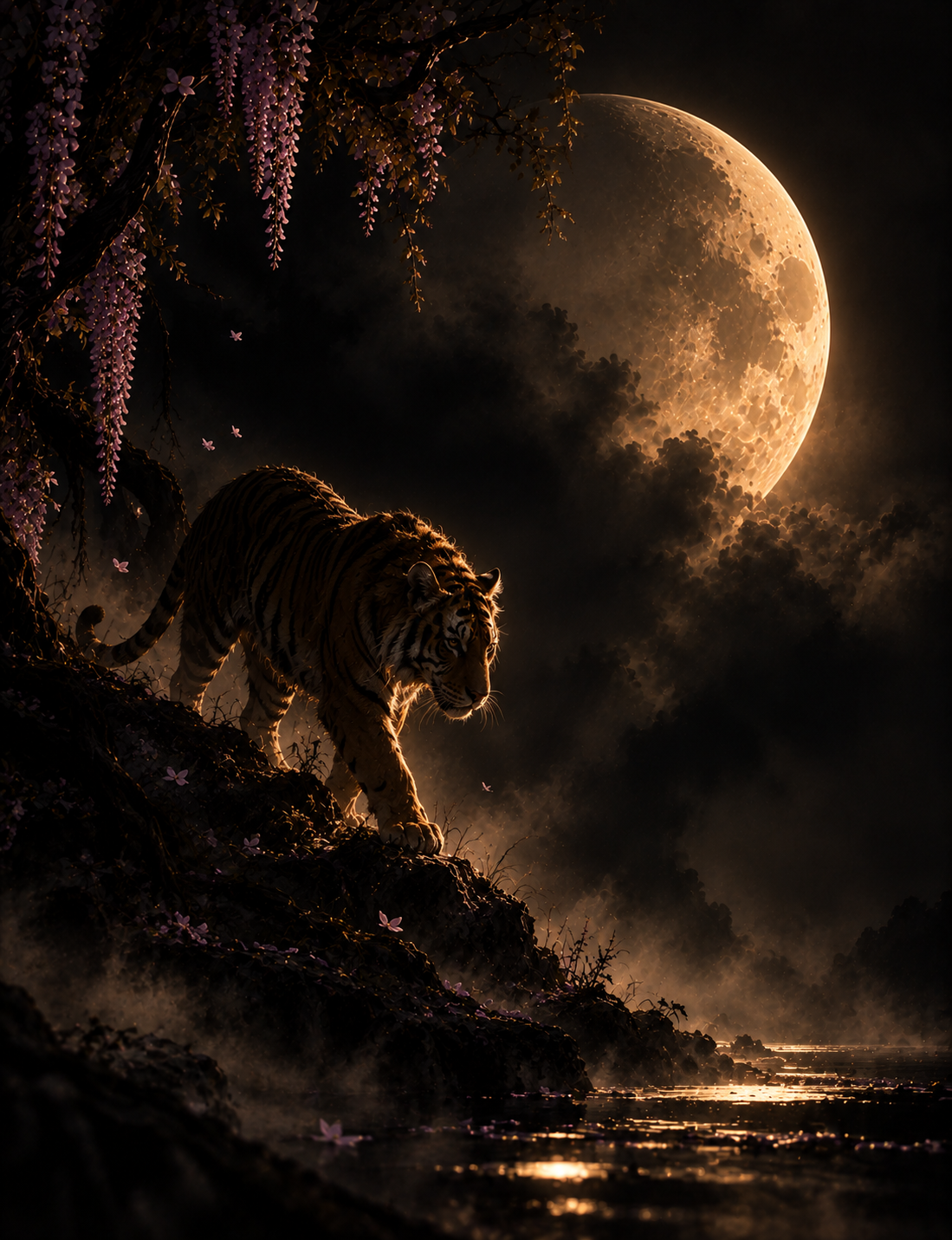 A tiger walking along a rocky ledge under a large, bright moon with clouds and purple flowers in the foreground and background.
