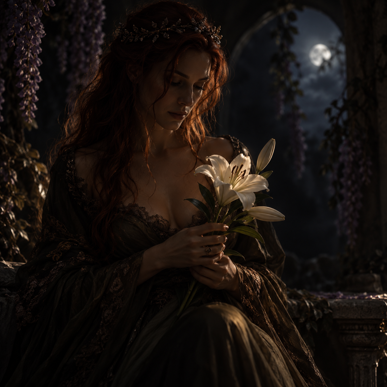 A woman with long red hair wearing a dark, ornate dress and a floral headpiece, sitting in a dimly lit setting, holding white lilies, with a moonlit night sky visible through an arched window in the background.