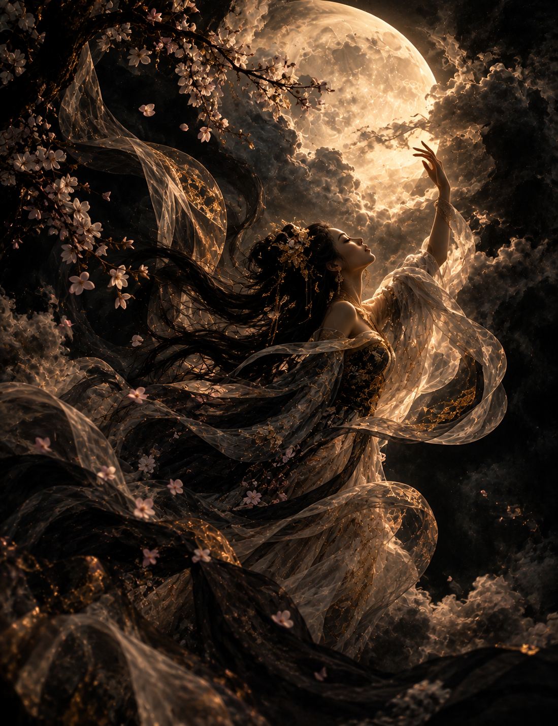 A woman with long flowing dark hair wearing a gold and black dress, surrounded by sheer fabric and pink flowers, reaching upwards towards a glowing full moon in a cloudy night sky.