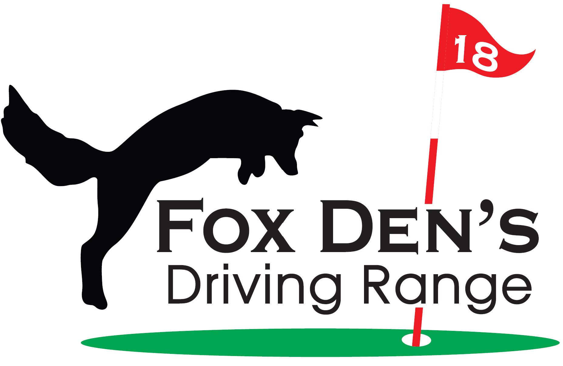 Logo for Fox Den's Driving Range featuring a black silhouette of a fox in mid-leap, a red golf flag with the number 18, and green ground beneath the text