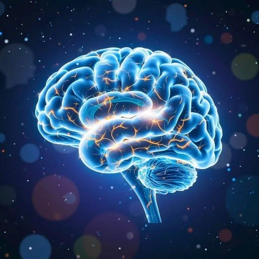 A digital illustration of a human brain with neural connections, glowing with electricity, against a dark background with colorful bokeh lights.