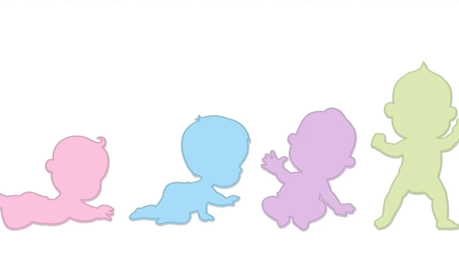 Silhouettes of four babies in different colors, crawling and standing, on a white background.
