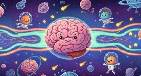 Cartoon illustration of a smiling pink brain with a face, surrounded by astronauts in space, planets, stars, and colorful cosmic elements.
