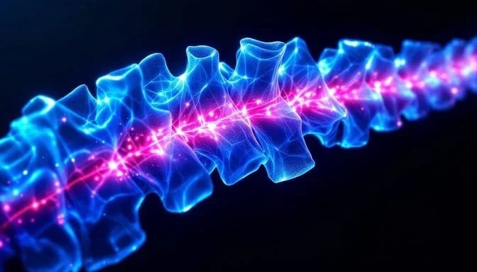 A digital illustration of a DNA double helix with glowing blue and pink highlights.