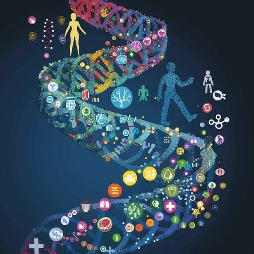 Illustration of a DNA double helix composed of colorful icons representing health, medicine, science, and human figures against a dark background.