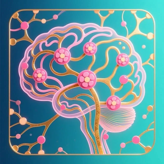 A digitally stylized illustration of a brain with interconnected pink nodes, gold lines, and abstract neural pathways on a turquoise background.