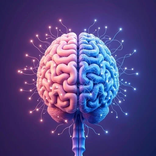 A digital illustration of a human brain with the left side in pink and the right side in blue, with neural connections radiating outwards.