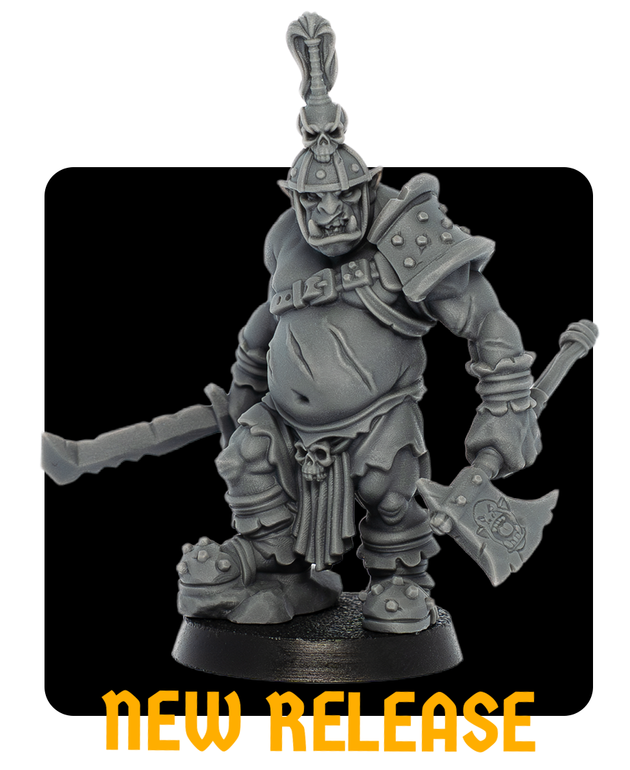 Gray miniature figurine of a fantasy orc warrior with a skull on a helmet, armor, and wielding an axe, standing on a round base.