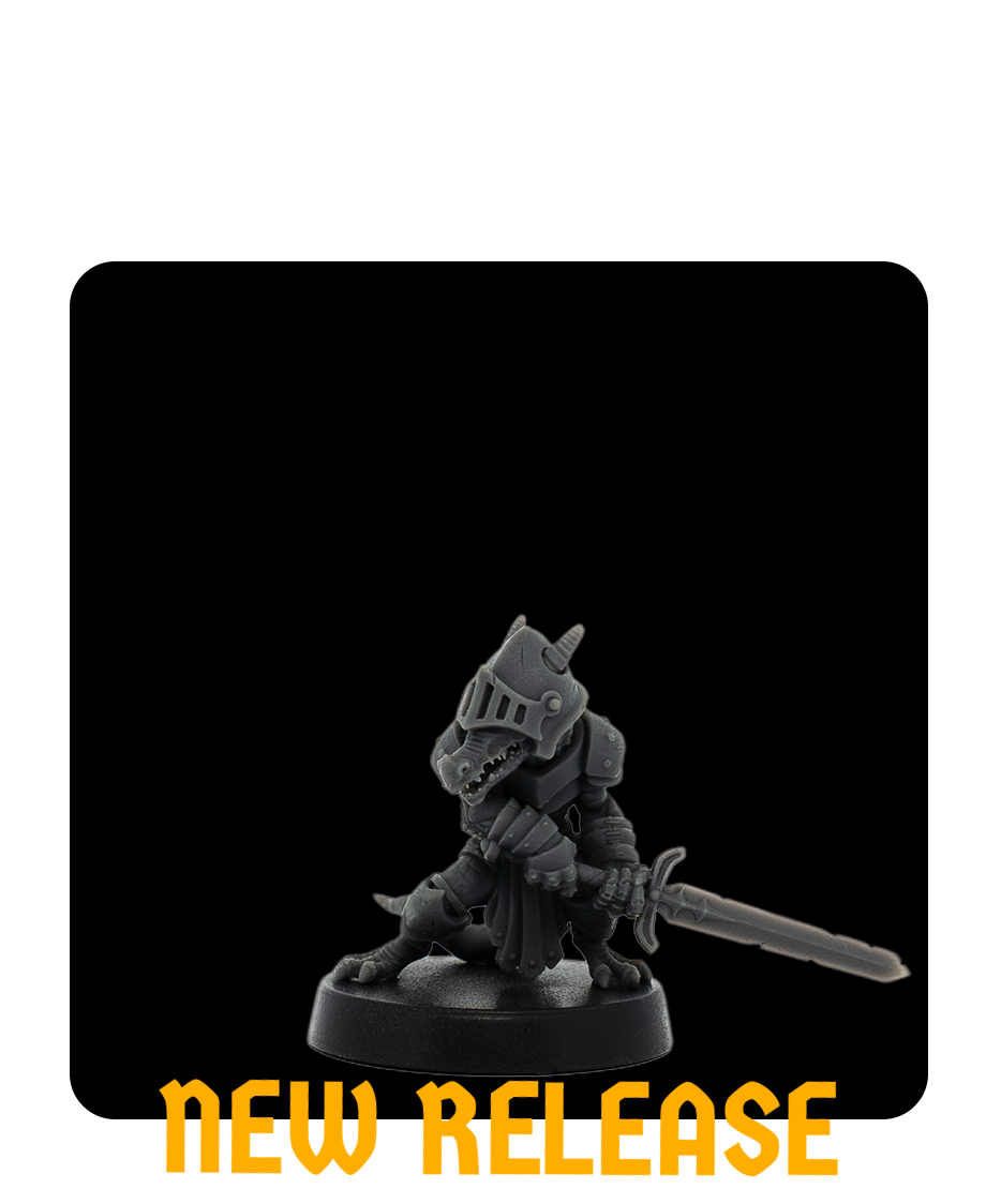 A gray miniature figure of a dragon warrior in armor, holding a sword, standing on a round base against a black background.