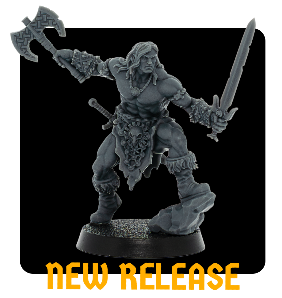 A detailed miniature figurine of a muscular warrior with long hair, holding a sword in one hand and a double-bladed axe in the other, wearing armor, a skull belt, and decorated with beads, standing on a textured base, with the text 'NEW RELEASE' in orange below.