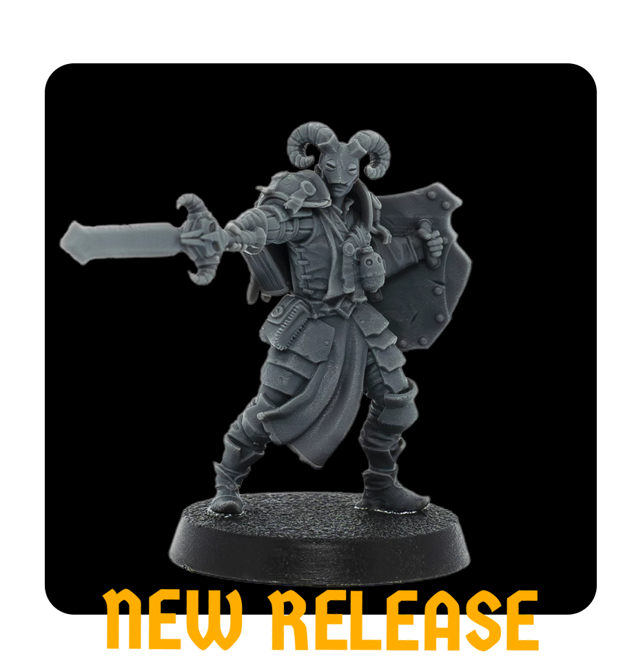 Unpainted miniature figure of a fantasy warrior with a horned helmet, armor, a sword in one hand, a shield in the other, and a long cloak, standing on a base with partially visible yellow text.