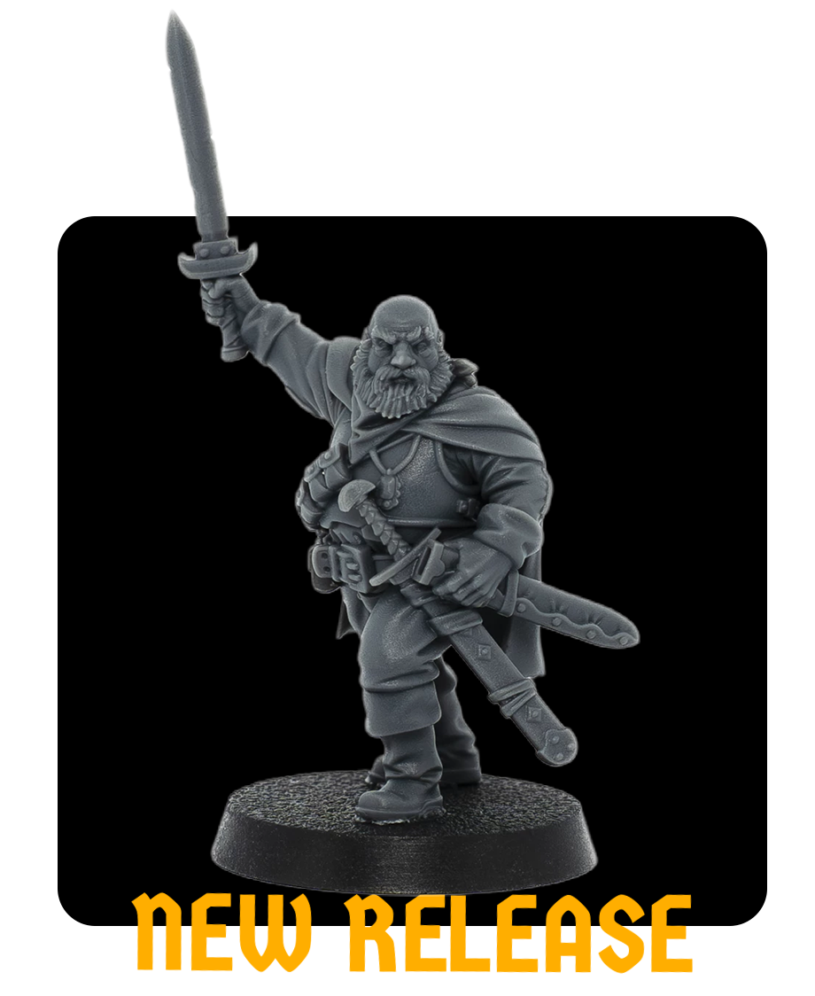 Gray dwarf warrior figurine with a beard holding a sword raised above his head, wearing armor and a cloak, standing on a circular base.