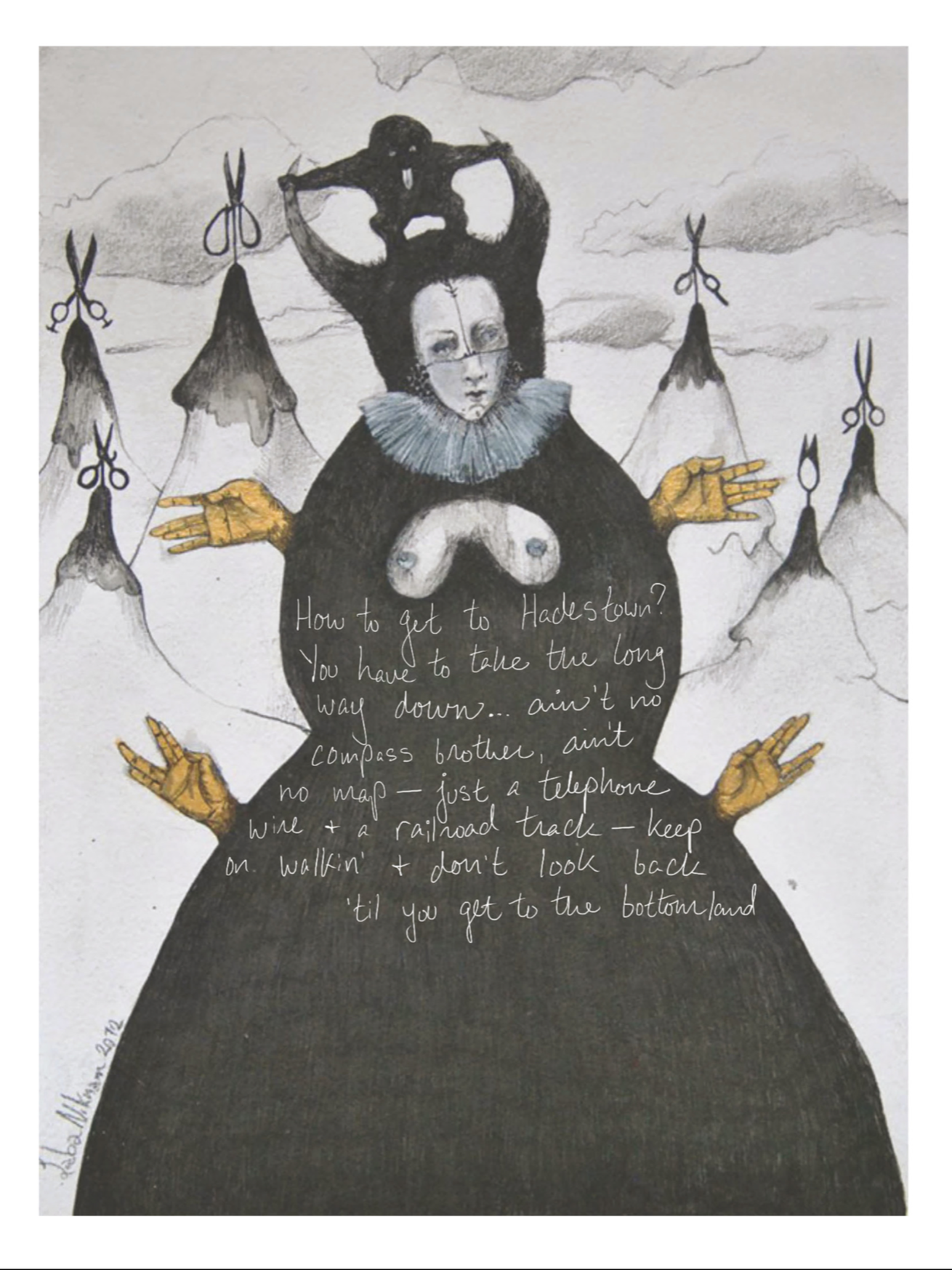 Envy using found imagery with writing overlay. Image from a Slavic fairytale about a jealous step mother who cuts off her daughter’s golden hair.