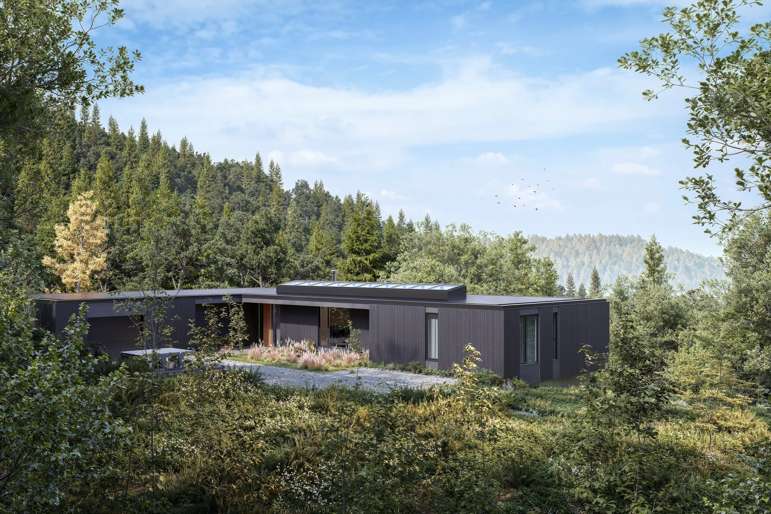 Modern house with large glass windows and a wooden roof, surrounded by tall trees and lush greenery at dusk.