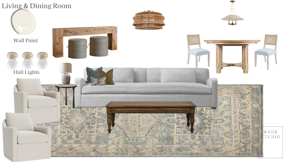 Living and dining room furniture and decor including a sofa, armchairs, a rug, a wooden coffee table, wall paint sample, hall lights, table lamps, a dining table with two chairs, and ceiling light fixtures.