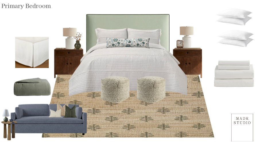 A primary bedroom interior with a bed, two wooden nightstands, lamps, pillows, and various bedding details, including sheets and duvets.