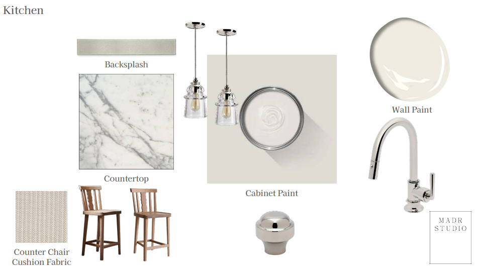 Kitchen color palette including backsplash, countertop, cabinet paint, wall paint, faucet, and furniture samples.