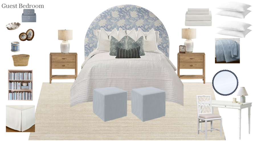 A well-decorated guest bedroom with a bed, nightstands, lamps, a mirror, a bookshelf, and various bedding and decor items.