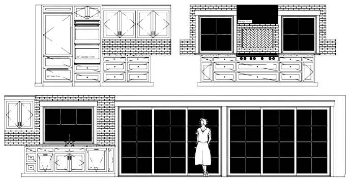 Drawing of a kitchen with cabinets, a sink, and a large window or sliding door with a woman standing in front of it.