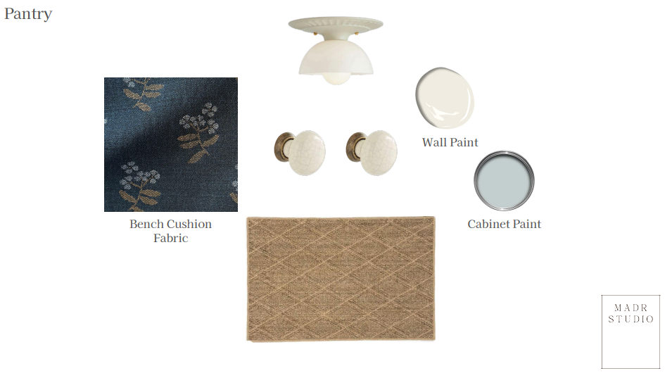 A collection of interior design materials and decor items for a pantry, including fabric with floral patterns, a ceiling light fixture, a round wall mirror, a pair of wall-mounted lamps, a rectangular patterned rug, wall paint, and cabinet paint.