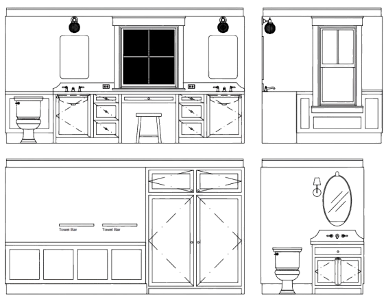 A black and white illustration of a modern kitchen with upper and lower cabinets, a double sink, a refrigerator, a stove, a microwave, and a toilet and sink in a small bathroom area.