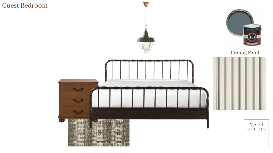 Collage of a guest bedroom interior featuring a dark metal bed frame, wooden nightstand with three drawers, black pendant ceiling light, striped wallpaper samples, ceiling paint color, and a logo for MADR Studio.