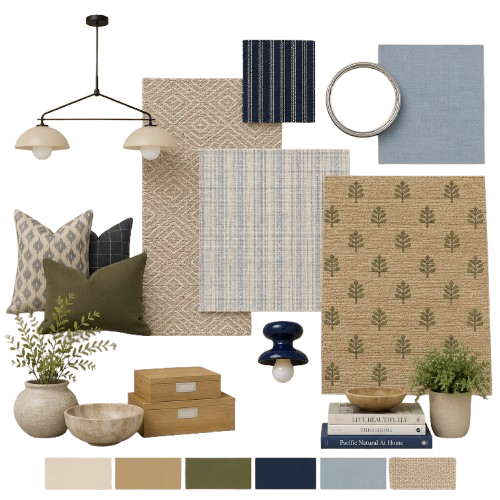 Interior decor with rugs, pillows, plants, and decorative objects.