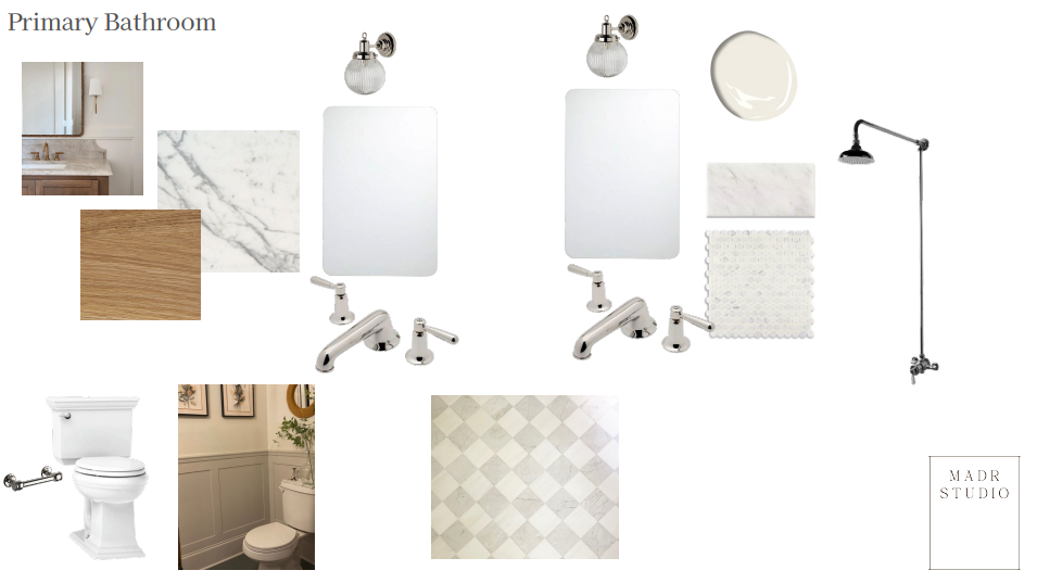 Collage of bathroom fixtures and materials including a bathroom vanity, mirror, wall sconces, marble and wood samples, sink, faucets, towel ring, showerhead, bathtub, toilet, wall paneling, and floor tile, labeled 'Primary Bathroom'.