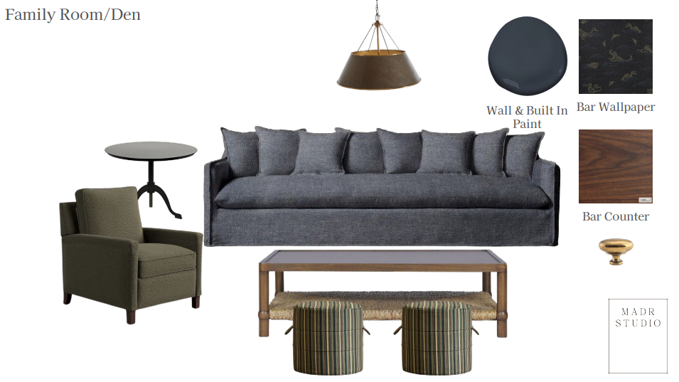Design mood board for a family room or den featuring a gray sofa, green armchair, wooden coffee table with striped ottomans, side table, pendant light, wall with built-in paint, bar wallpaper, and bar accessories.