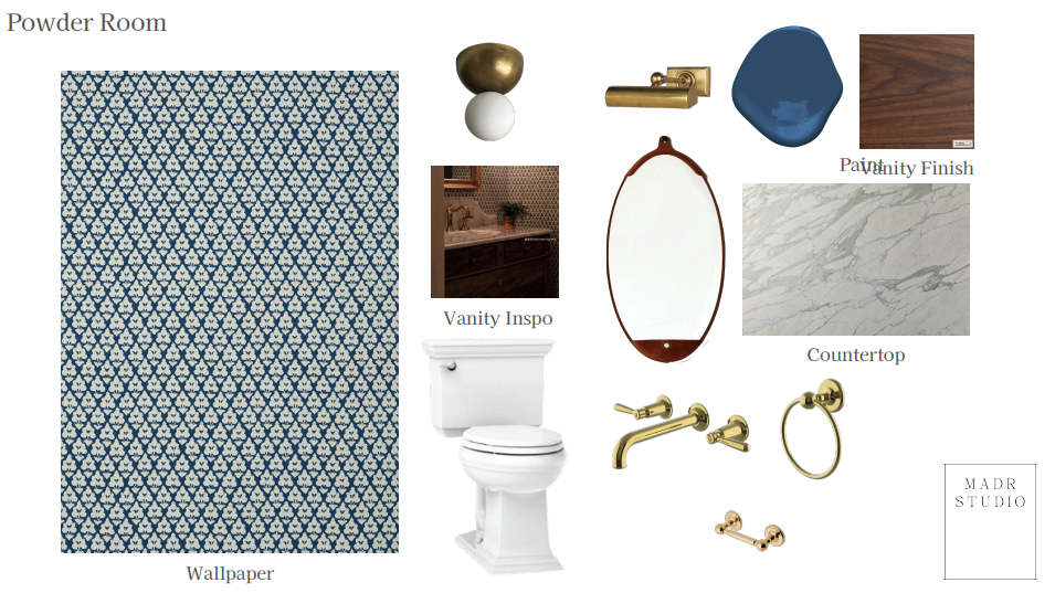 Items for a powder room, including patterned wallpaper, a toilet, a vanity with inset mirror, gold fixtures, a marble countertop, blue decor piece, wood finish sample, and various accessories.