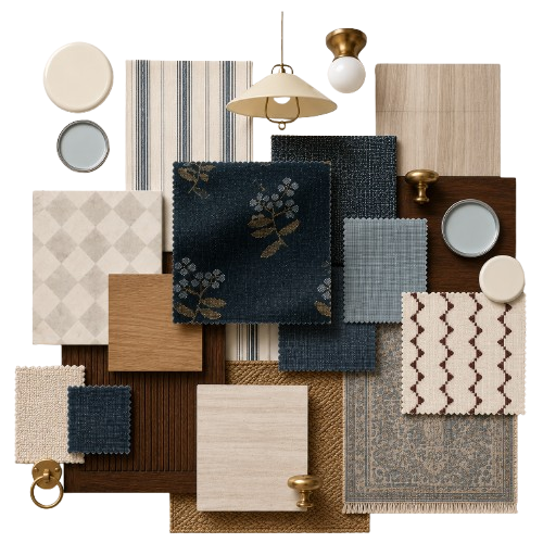 An assortment of fabric swatches, sample tiles, and circular samples arranged together, including striped, patterned, and textured options in various colors and materials, with some decorative objects like small jars and a hanging lamp.