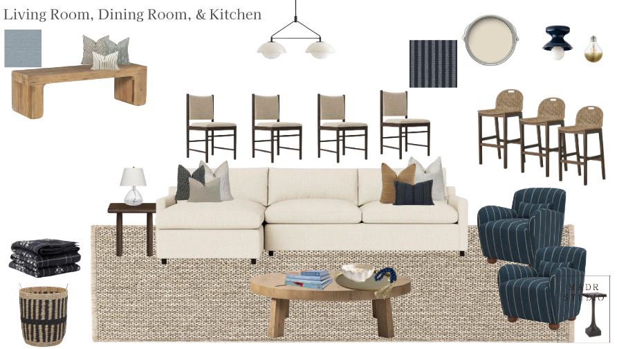 Living room, dining room, and kitchen furniture including a white sofa with decorative pillows, a wooden coffee table with books and decor, a side table with a lamp, blue striped armchair, four dining chairs, three barstools, a wooden bench with pillows, various tableware and decor items, and a woven basket, all arranged with a neutral and blue color palette.