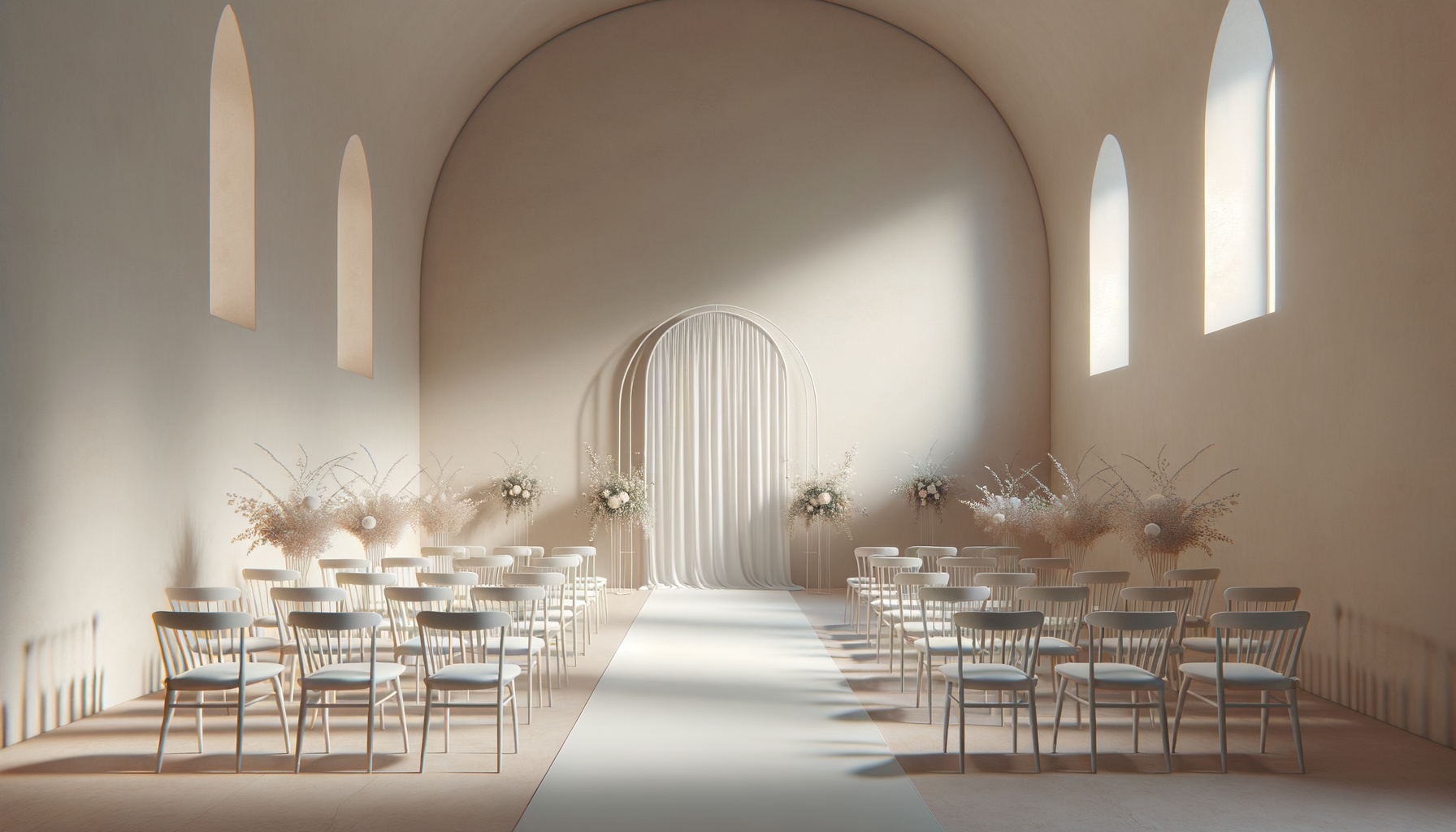 Elegant wedding setup inside a bright, minimalist hall with high arched ceilings, featuring rows of white chairs, floral arrangements along the walls, and a curved arch with draped fabric at the front, ready for a ceremony.