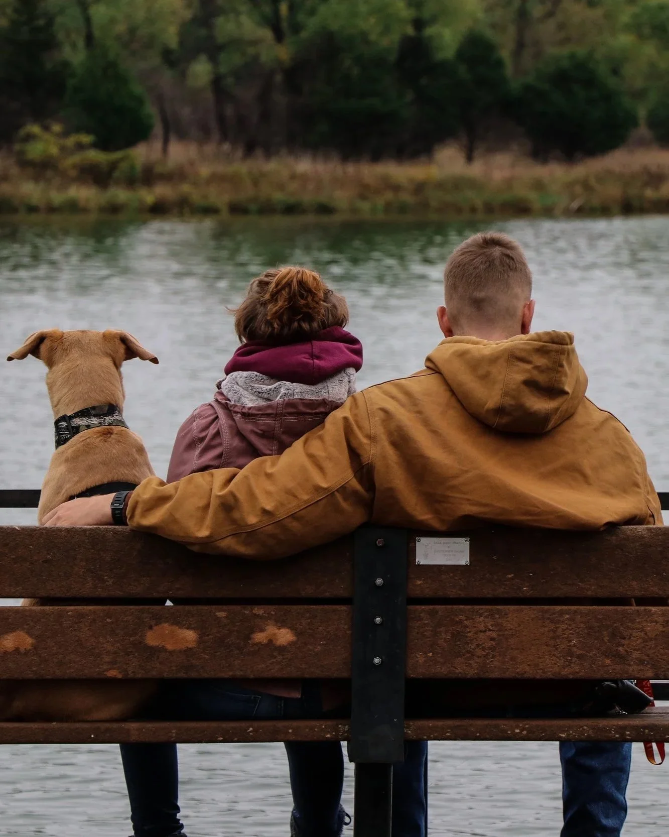 A couple sitting on a park bench by a body of water, with a dog, enjoying the fall scenery.