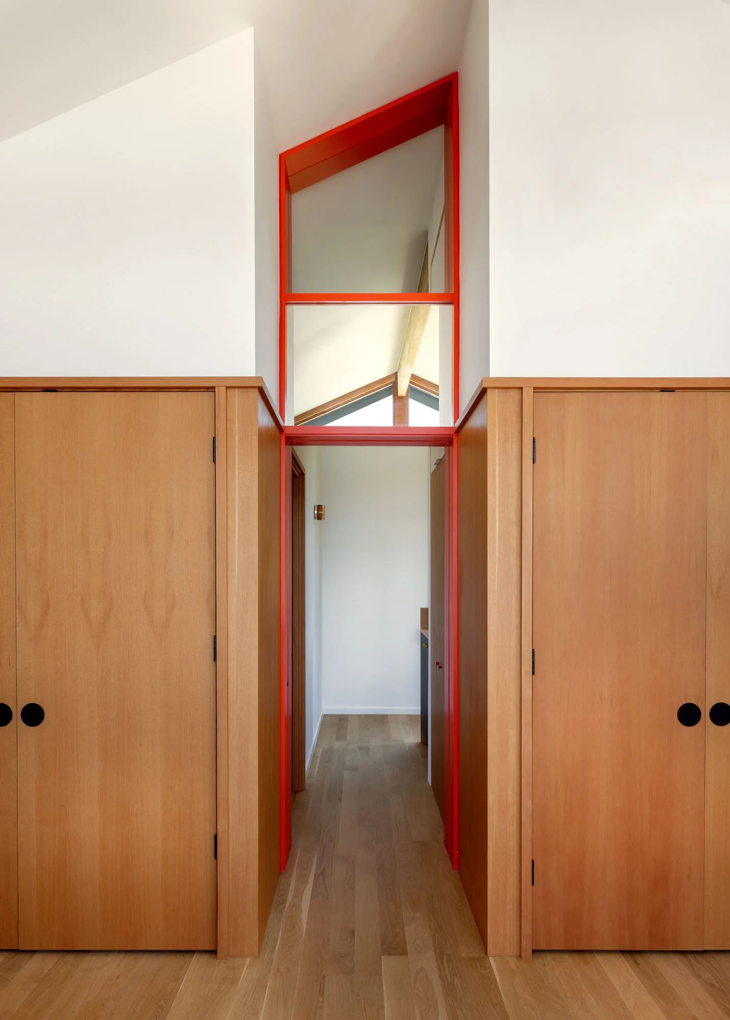 New mirrored transom and custom fir closet in the primary.