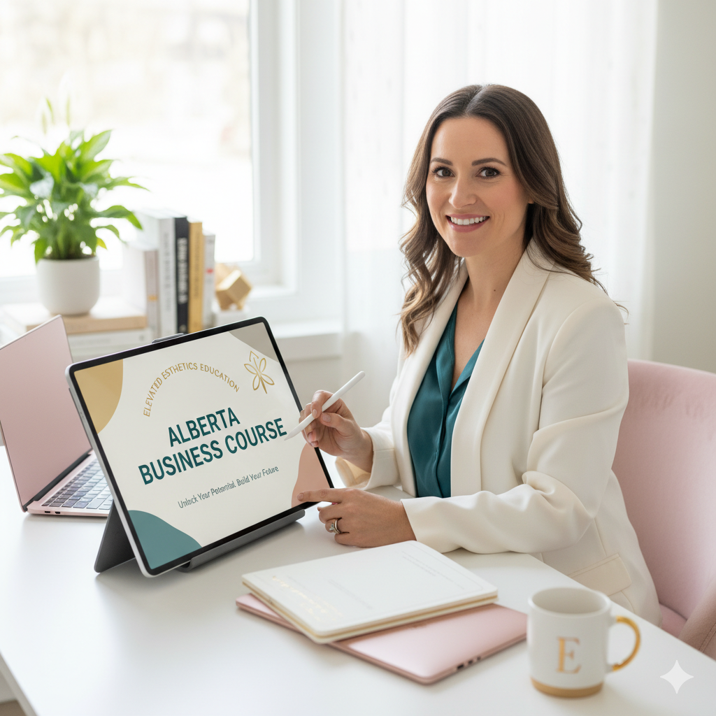 A woman with brown hair and a white blazer smiling and pointing at a tablet displaying a presentation for Alberta Business Course in an office setting.
