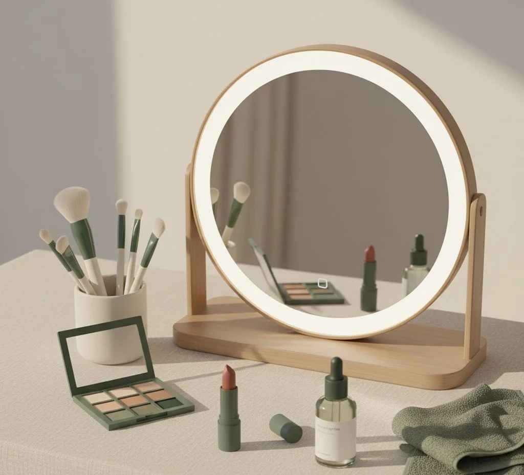 A vanity tabletop with a round illuminated mirror, makeup brushes in a white cup, an eyeshadow palette, lipstick, a makeup serum bottle, and a green cloth.