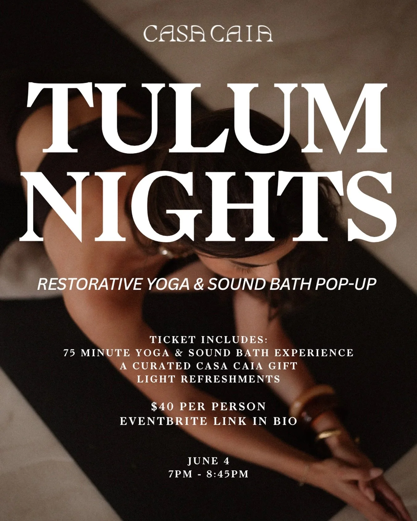 An evening inspired by the magic of Tulum after dark ✨ Join us for a 75-minute restorative yoga &amp; sound bath experience in a beautiful space with warm lighting, grounding energy, and jungle night vibes.

Your ticket includes:

&bull; 75-minute re