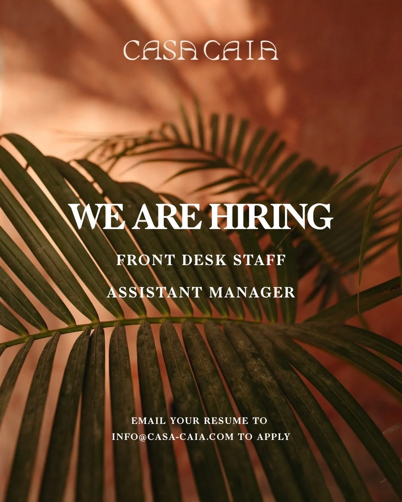 Join the founding team at Casa Caia.

We&rsquo;re looking for warm, intentional, detail-oriented individuals who thrive in a team environment and are passionate about creating an exceptional experience for others. 

Send your resume to info@casa-caia