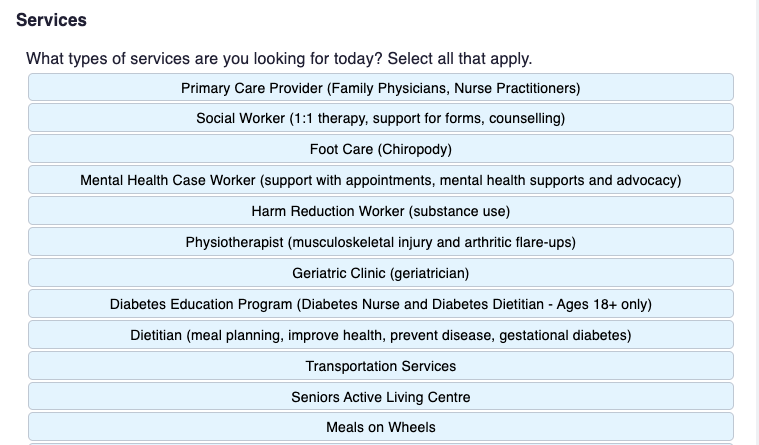 An intake form showing all the services a new patient can request.