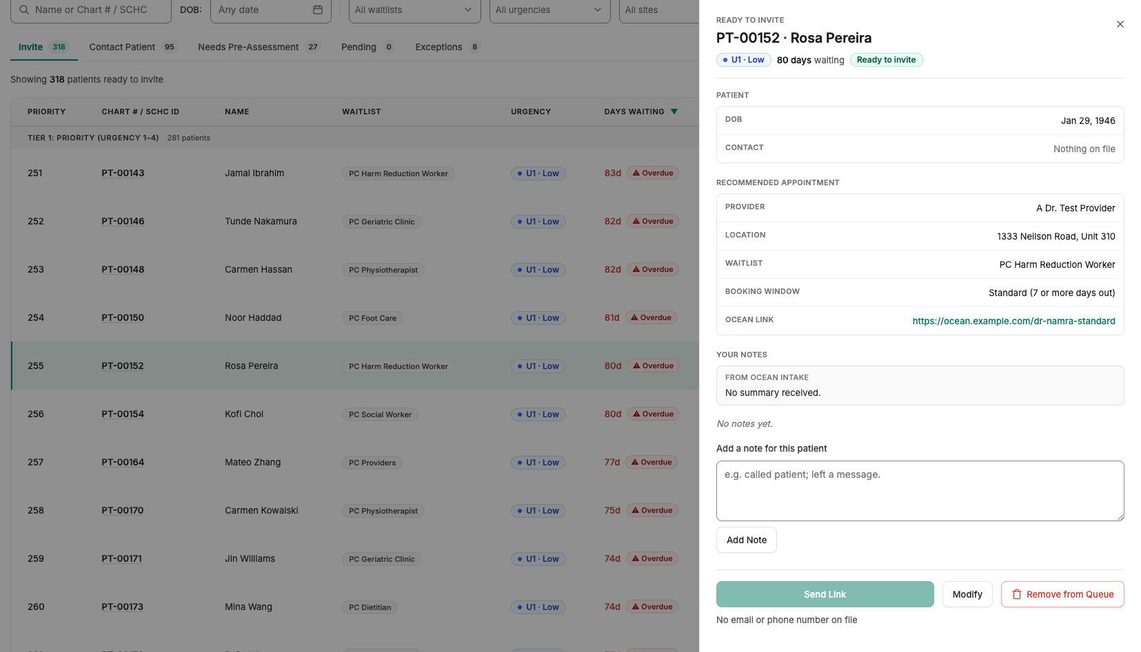 The waitlist optimization platform showing the recommended provider match for a waitlisted patient that is ready to invite.