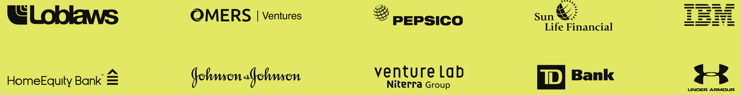 A collection of various corporate logos displayed on a yellow background, including logos for Loblaws, OMERS Ventures, PepsiCo, Sun Life Financial, IBM, Home Equity Bank, Johnson & Johnson, Venture Lab Niterra Group, TD Bank, and Under Armour.