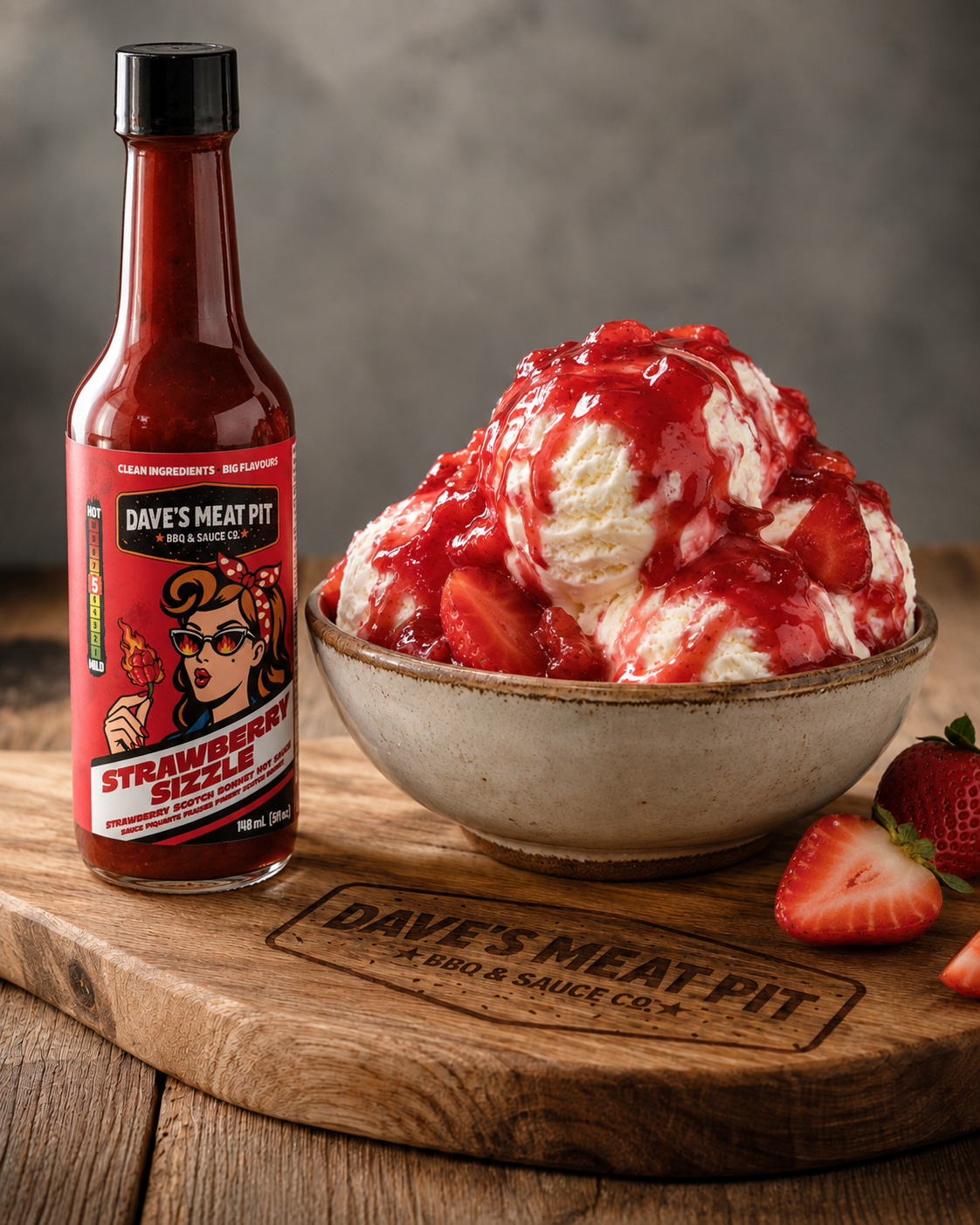 A bowl of strawberry ice cream topped with strawberry sauce and fresh strawberries, placed on a wooden serving board. A bottle of Dave's Meat Pit strawberry sizzle sauce stands beside the bowl.