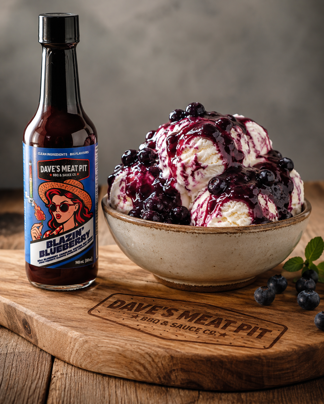 A bottle of Blazin' Blueberry barbecue sauce next to a bowl of vanilla ice cream topped with blueberry sauce and fresh blueberries, on a wooden serving board with the logo 'DAVE'S MEAT PIT BBQ & SAUCE CO'.